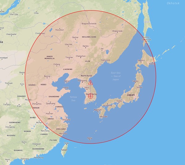 북한이 신형 장거리 순항미사일 (사거리 1500km) 도달 범위.사진=오신테크니컬(Osinttechnical) 트위터