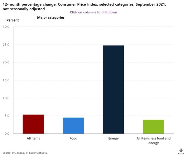 미국의 9월 소비자물가지수(CPI)상승률. 왼쪽부터 종합, 식료품, 에너지,근원물가의 순. 9월 CPI상승률은 5.4%, 근원 CPI 상승률은 4%였다.  사진=미국 노동통계국