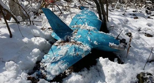 2014년 4월 초 삼척시 인근 야산에서 발견된 북한의 스카이-09P 드론 잔해.사진=국방부/38노쓰