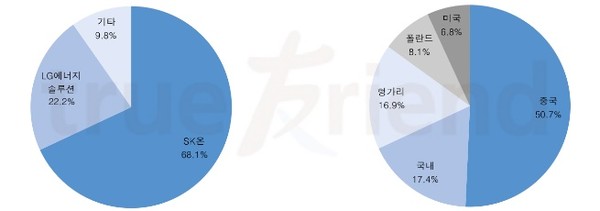 엔켐의 고객사별 매출비중(왼쪽)과 국별 매출 비중. 사진=한국투자증권