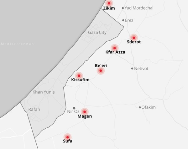 하마스가 공격한 이스라엘의 주요 도시. 사진=하레츠