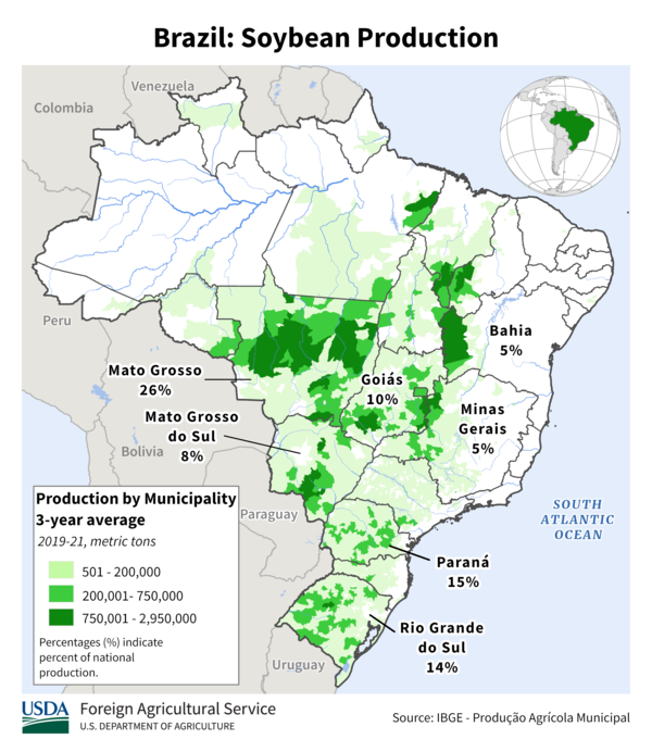 브라질 주요 콩(대두) 생산지역 현황. 중부 마투 그루수(Mato Grosso)주가 최대 생산지이며 이어 파나냐, 히오 그란지 두 술 주이 순이다. 사진=USDA