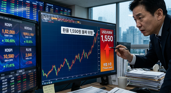 2026년 상반기 마지막 날인 30일 환율이 1550원 목전에서 마감했다.하반기에도 외국인의 대규모 주식매도로 1550원대 고환율 흐름이 불가피하다는 한국투자증권의 진단이 나왔다. 사진=구글 제미나이 이미지